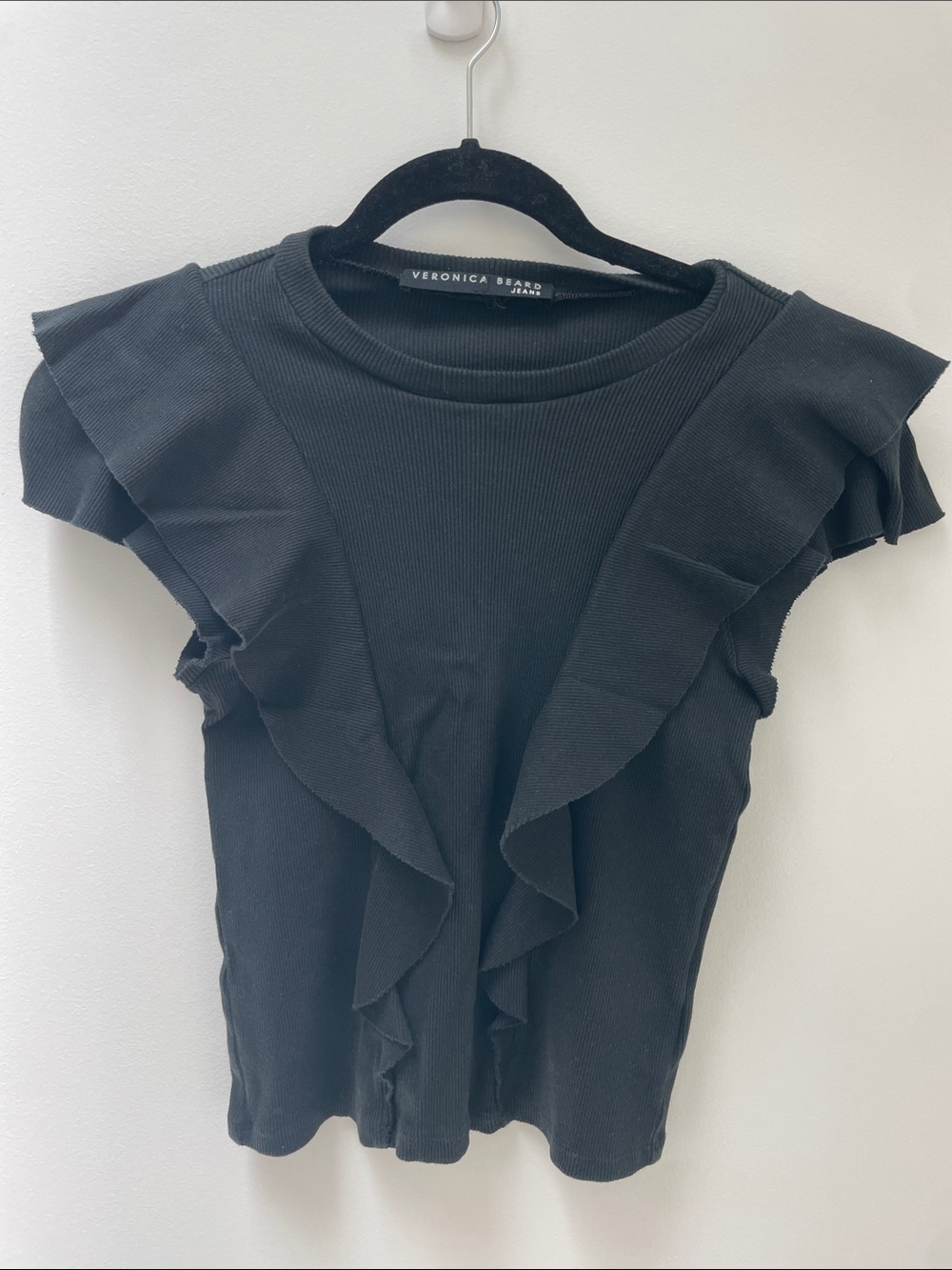 Veronica Beard 100% Cotton Ribbed Ruffle Tee Black XS